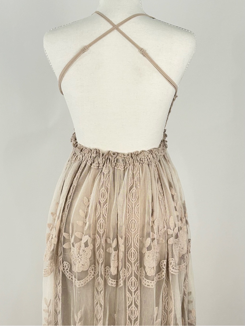 Petal + Pup XS Embroidered Lace Crochet Open Back Boho Maxi Dress Nude - Picture 10 of 12